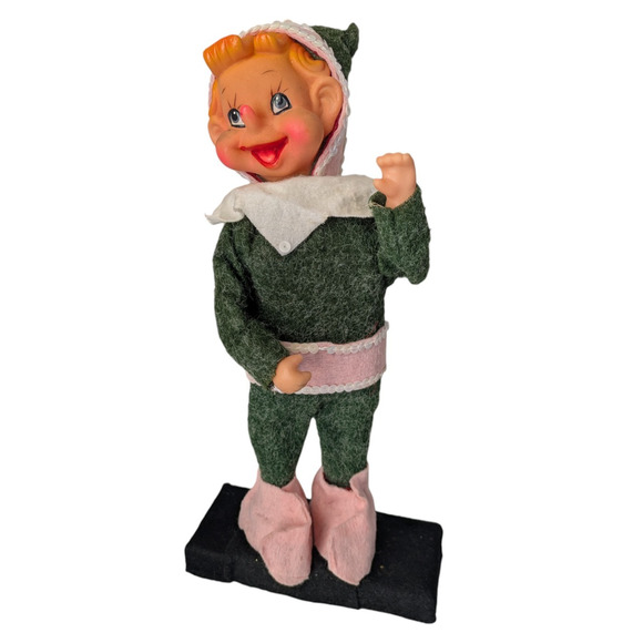 Vintage Musical Windup Pixie Christmas Elf Head Moving Green Pink on Stand Japan - Picture 1 of 11